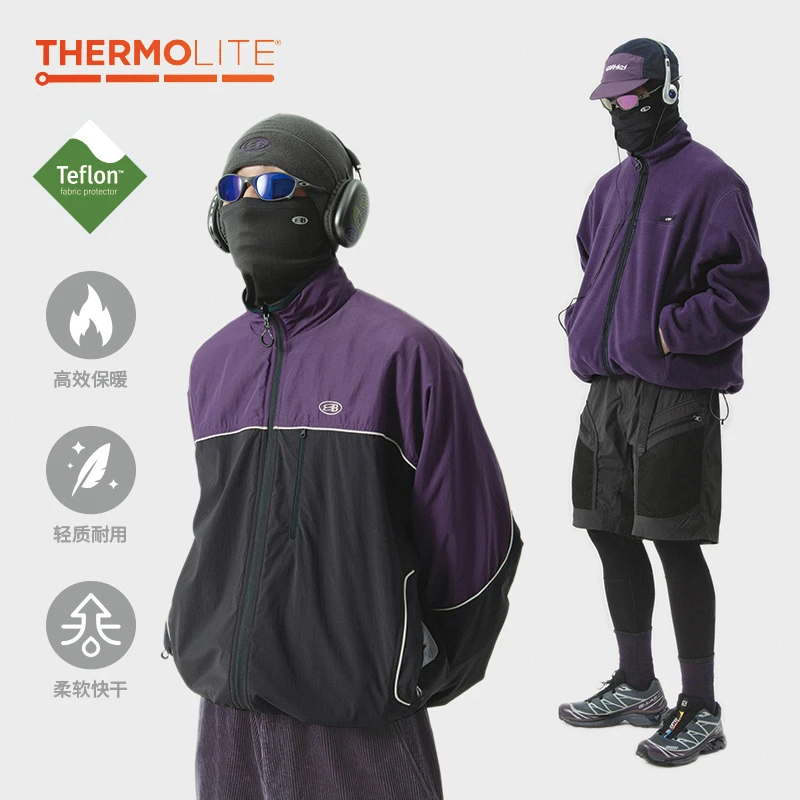 BLUE蓝岐2024秋冬保暖双面穿三防夹克抓绒立领拼接外套男