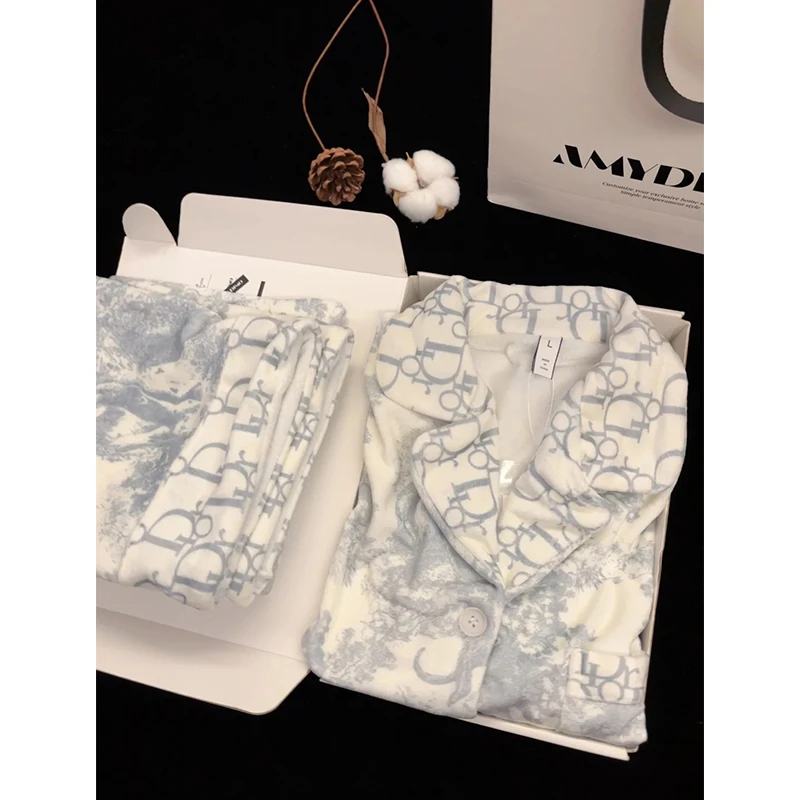 【名媛贵气感】网红爆款法兰绒睡衣女套装新款秋冬长袖长裤家居服女