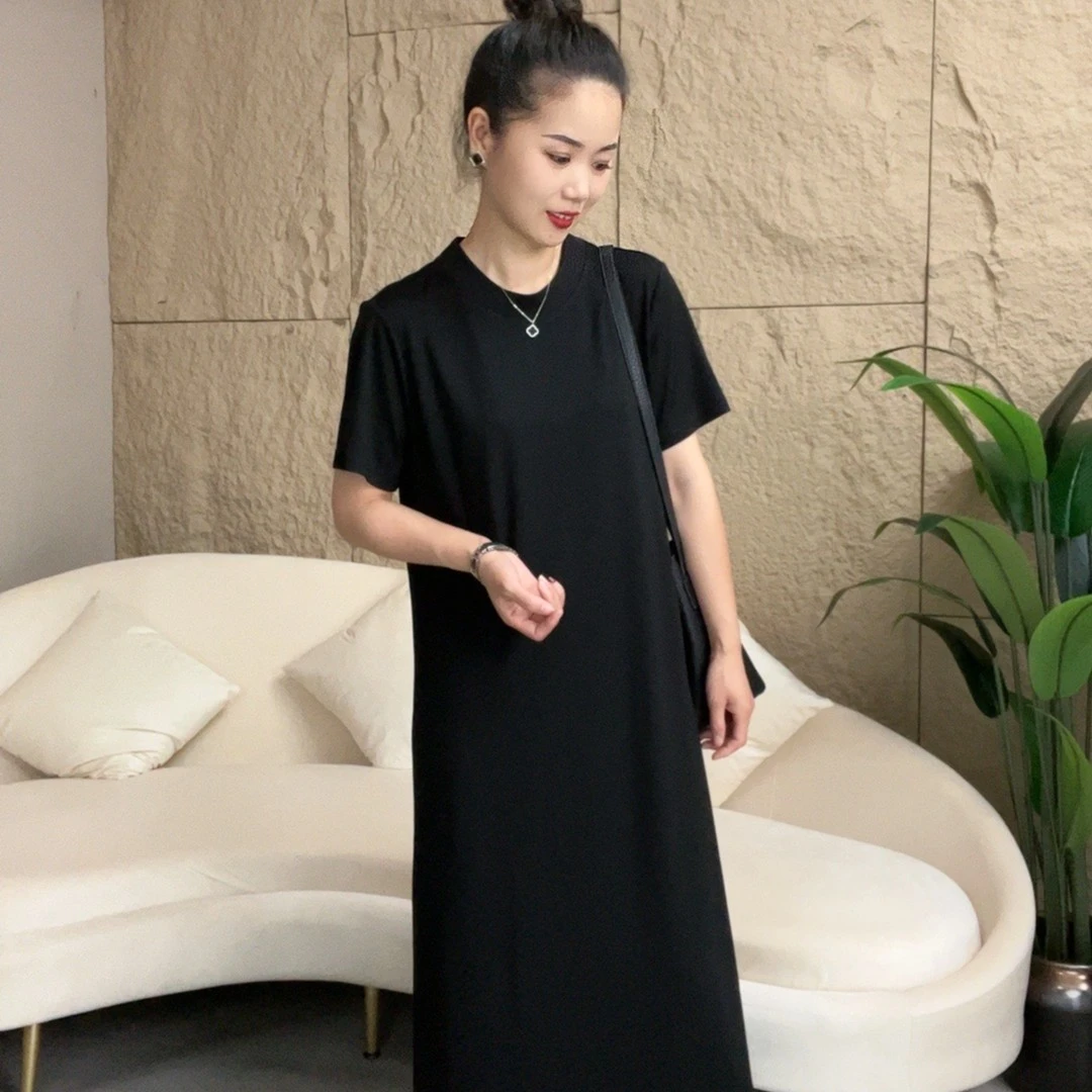 【思伶】夏款显瘦T恤裙子女2024中长款显瘦纯色垂坠短袖连衣裙