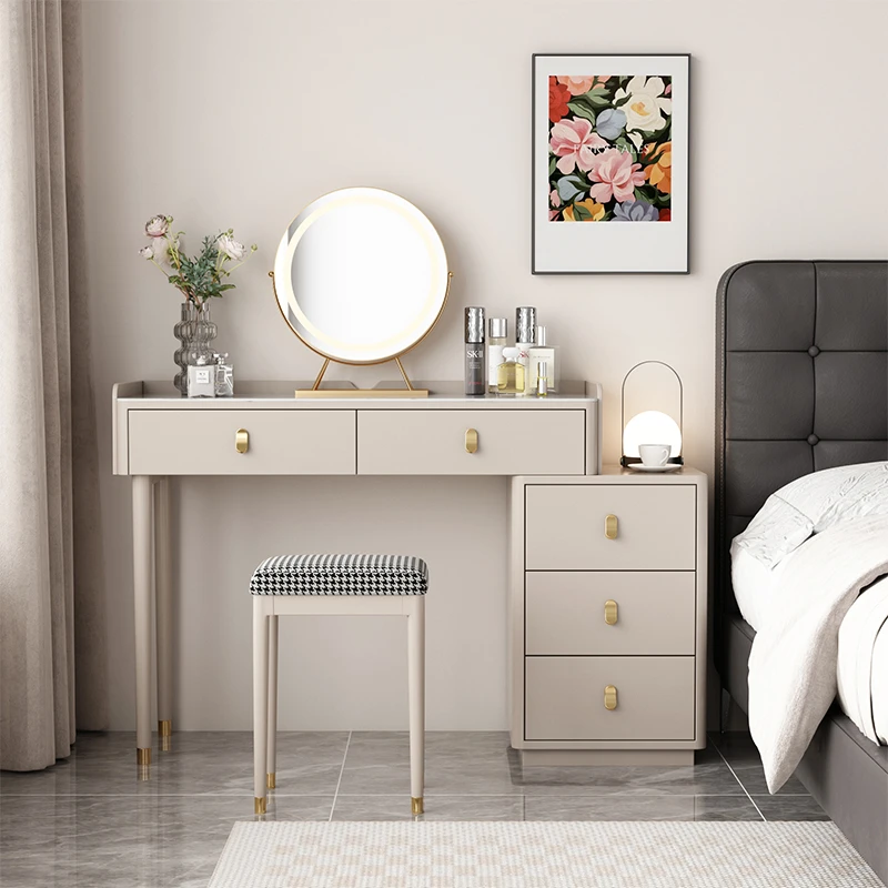 轻奢岩板梳妆台卧室小户型化妆桌实木收纳床头柜一体简约高级