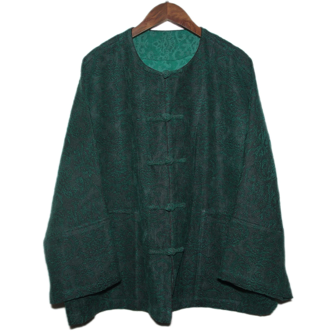 爱上莲心80姆米柞蚕丝 绿色潜龙于渊对襟上衣  复古通勤老钱风