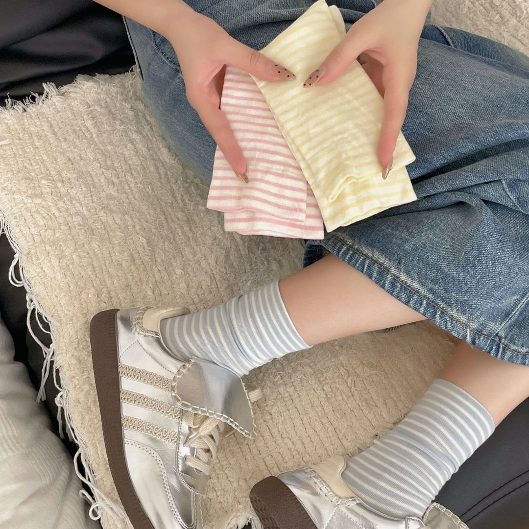 【无骨袜】ins韩版奶油色条纹月子袜女彩色多巴胺中筒袜日系简约