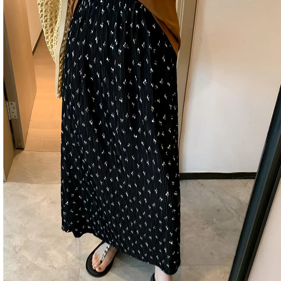 爱心蝴蝶结高腰碎花印花褶皱裙韩系复古垂感后开叉直筒大码半身裙