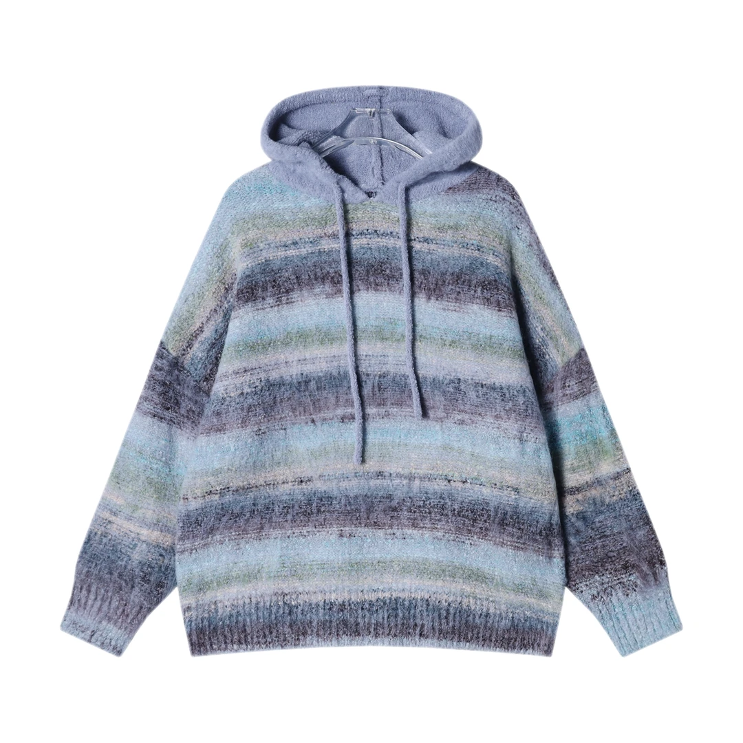 秋冬季新款时尚个性美式复古连帽毛衣宽松情侣渐变条纹休闲针织衫