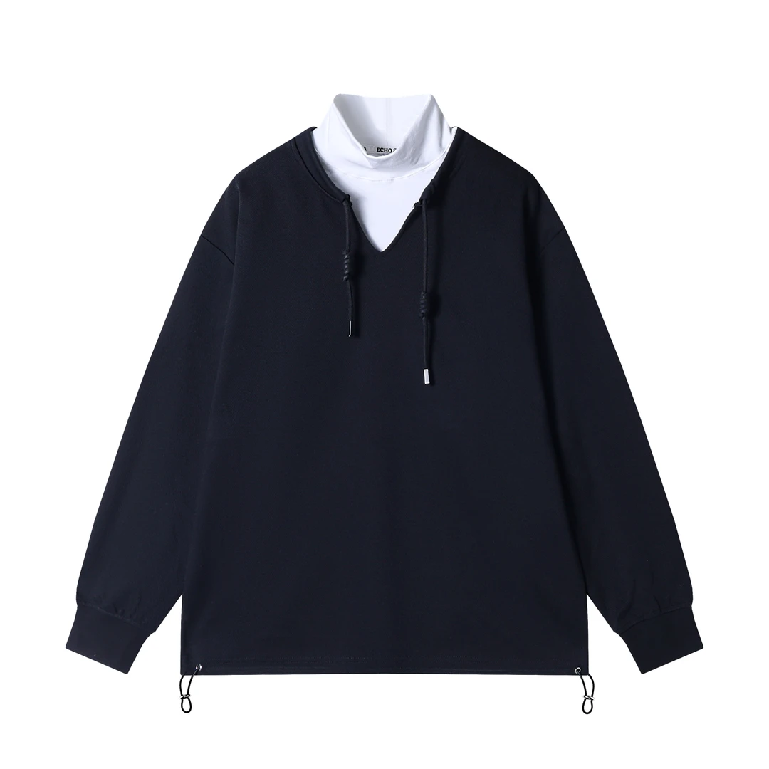 秋冬季新款时尚个性韩版黑白撞色抽绳立领假两件卫衣百搭休闲潮流