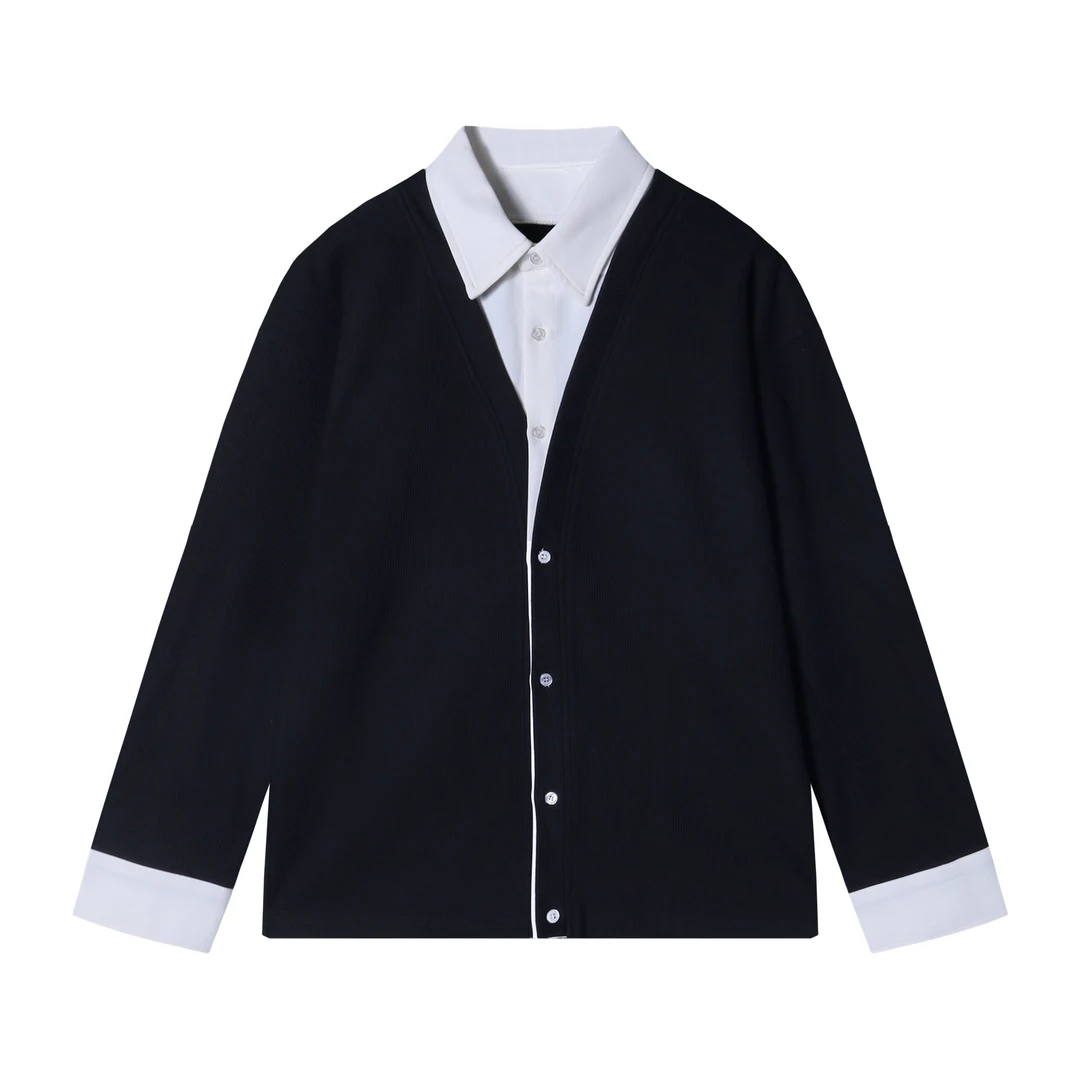 61208叠穿学院风拼接假两件衬衫男上衣韩系开衫衬衣休闲百搭外套