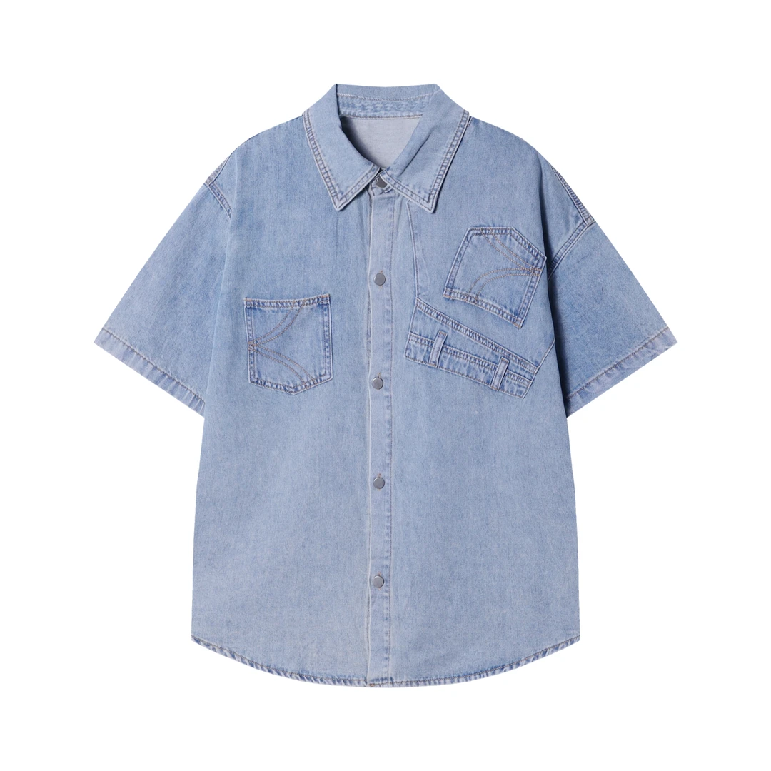 CS117时尚牛仔拼接男士衬衫百搭潮流休闲上衣宽松复古港风短袖