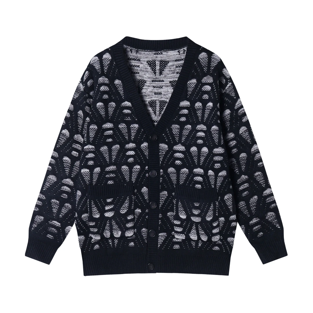 秋冬季新款时尚百搭撞色V领针织开衫舒适宽松设计师复古上衣