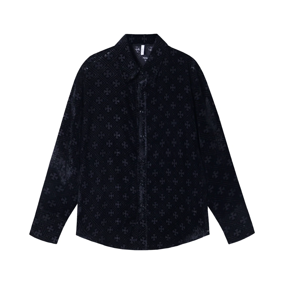 CS156新款时尚潮流个性十字印花男士衬衫百搭休闲长袖宽松经典