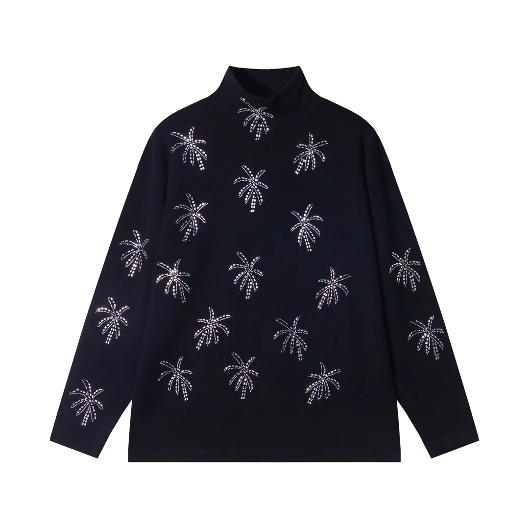 秋冬季新款时尚个性纯色烟花烫钻立领卫衣休闲百搭潮流上衣