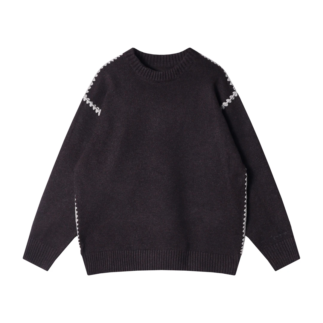 秋冬季新款时尚个性美式复古撞色编织花边圆领针织毛衣宽松百搭