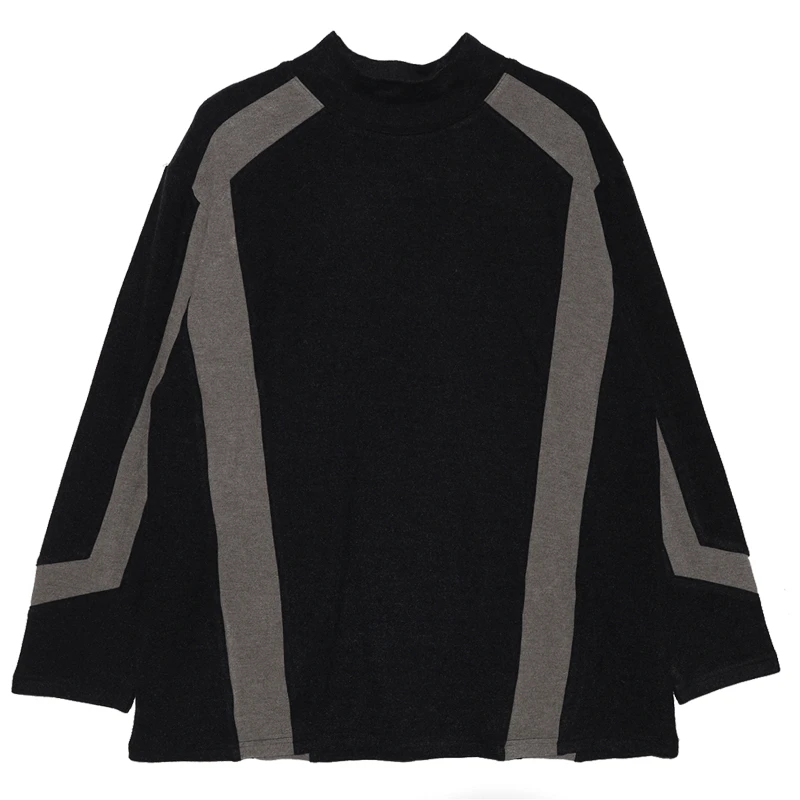 T466秋冬拼接宽松圆领打底衫男女气质百搭休闲长袖情侣T恤上衣