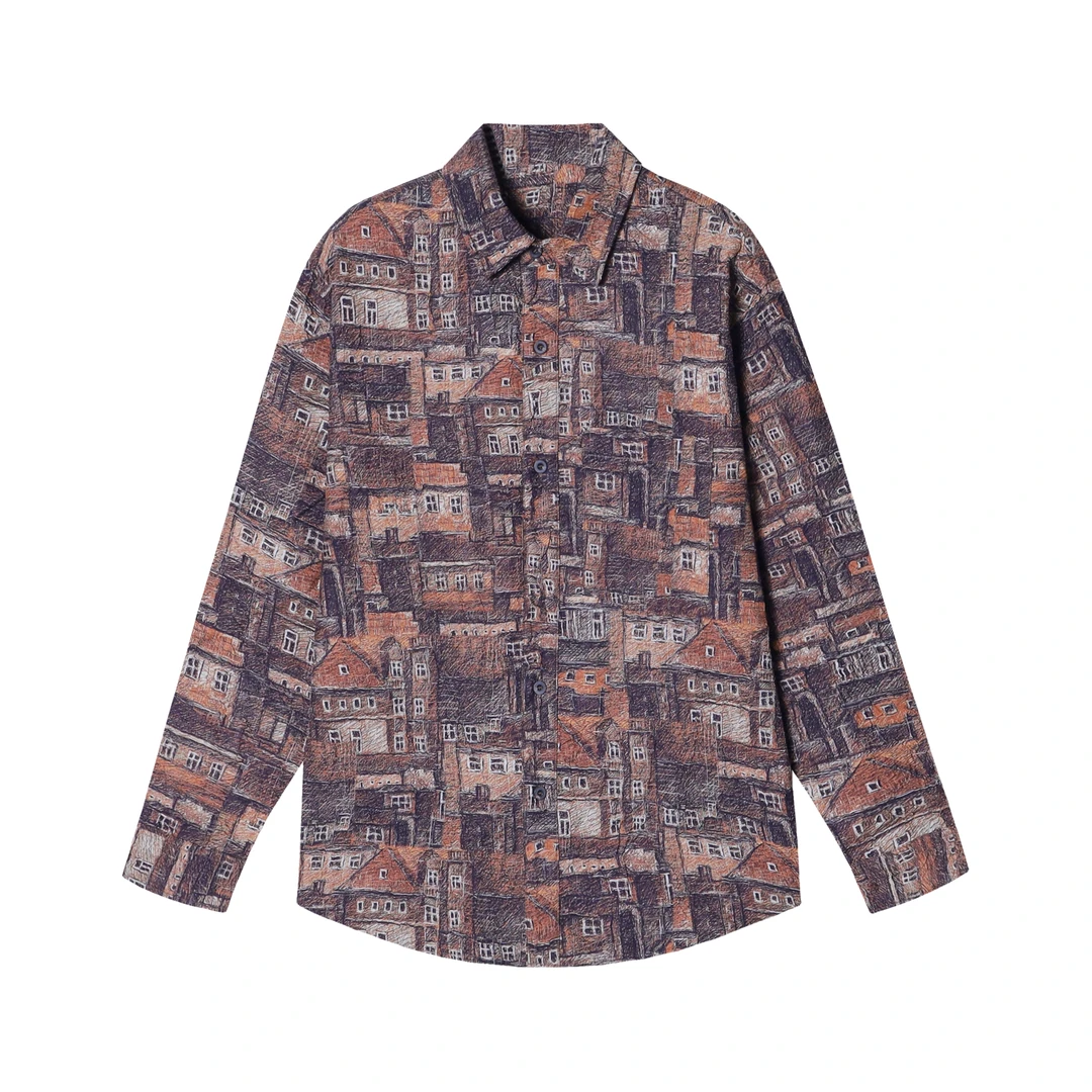 8671秋季新款古着复古港风法式花衬衫宽松潮流长袖