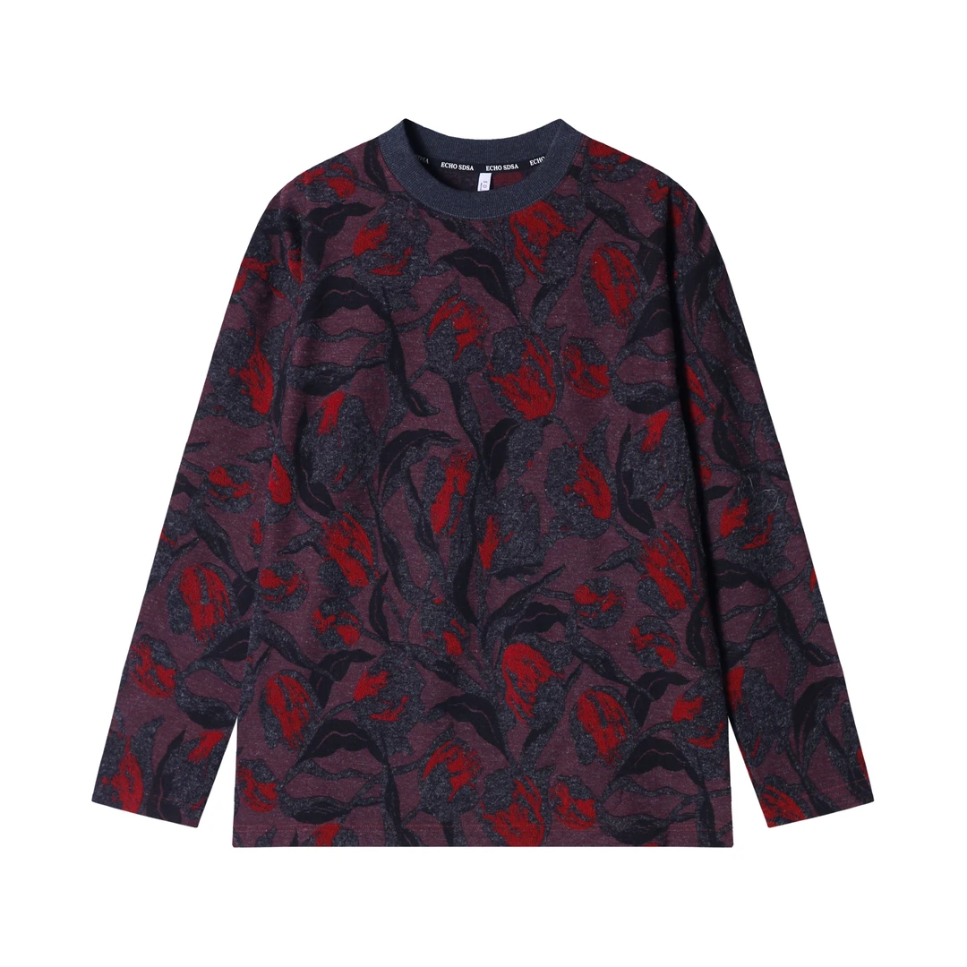 T1766秋季新款美式复古黑红玫瑰提花圆领长袖T恤休闲宽松百搭上衣