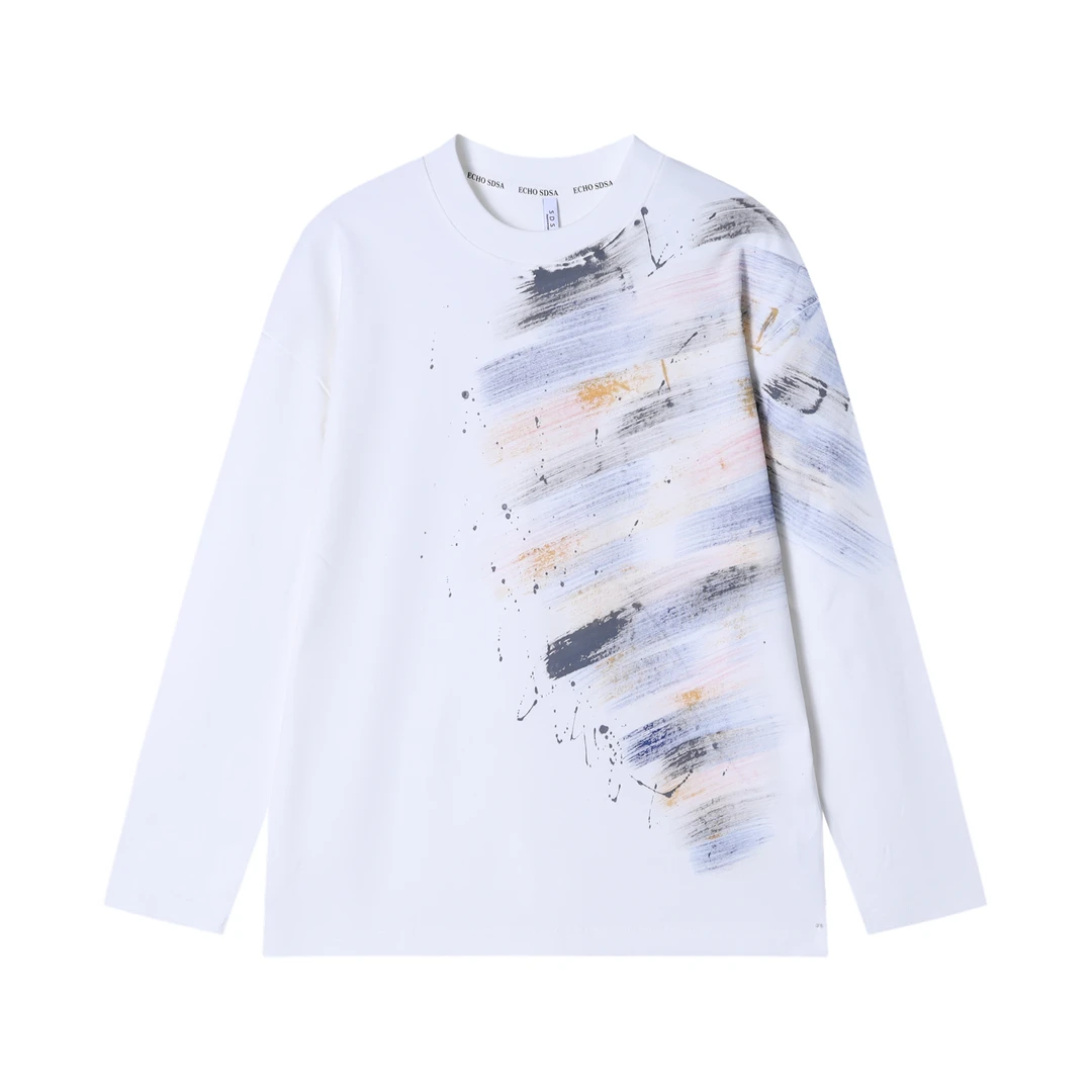 T1724秋冬季新款时尚百搭手绘彩色印花圆领上衣宽松潮流个性长袖