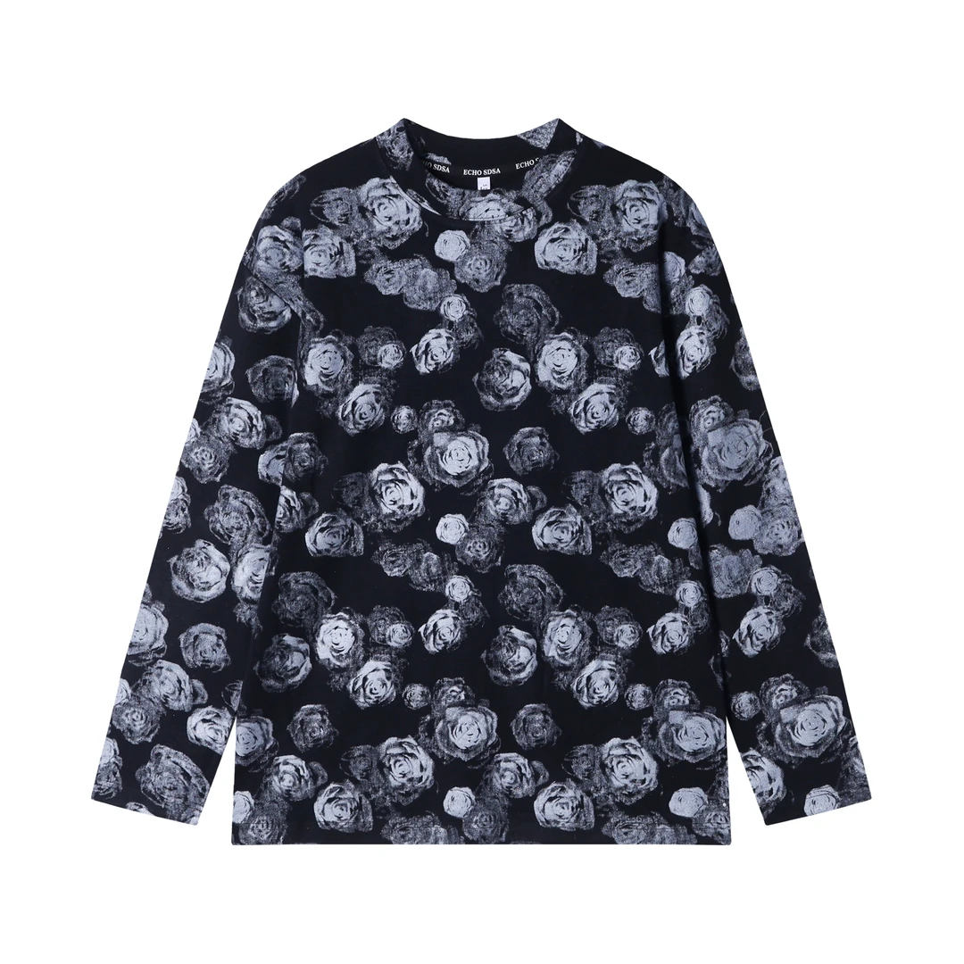 T1791秋季新款美式复古满印玫瑰花印花圆领长袖T恤情侣休闲上衣潮