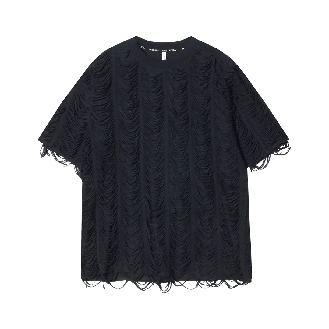 T945美式街头复古男士做旧流苏短袖夏季潮流设计师宽松T恤圆领