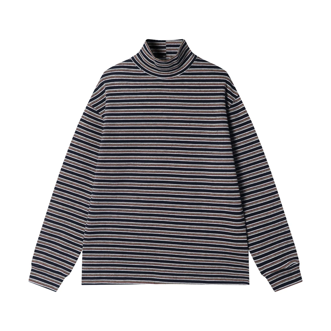 秋冬季新款时尚个美式撞色条纹高领针织打底衫百搭潮流上衣