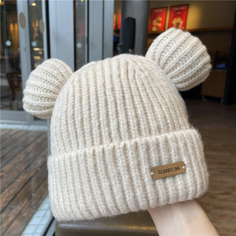 针织帽女韩版熊耳朵毛线帽秋冬保暖耳朵帽子休闲百搭可爱冷帽子