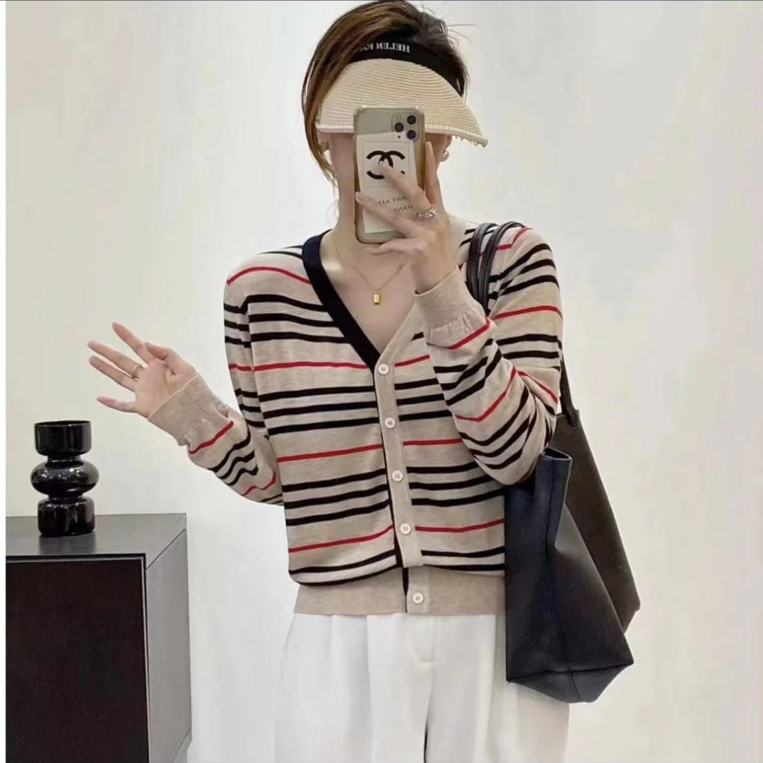 【条纹外套】女士秋季新款针织衫开衫毛衣女