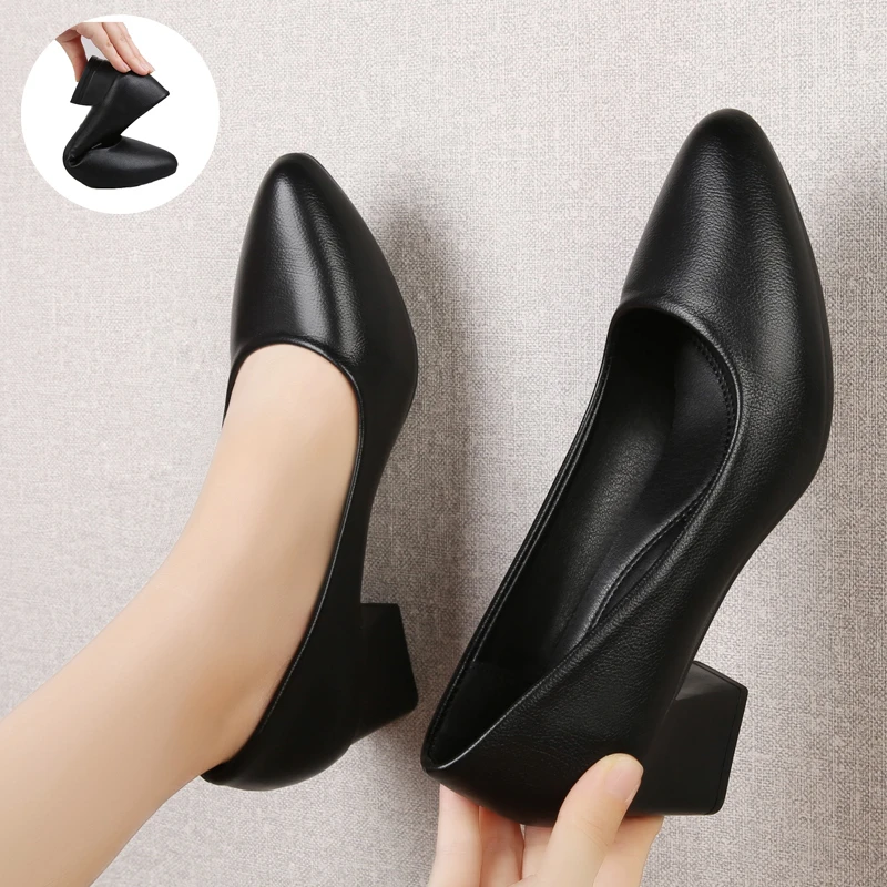 高跟鞋软底单鞋正装职业鞋女2025秋黑色粗跟百搭尖头细跟工作鞋春
