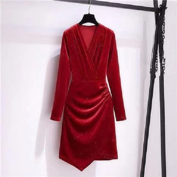 春秋长袖短款连衣裙韩版V领小个子修身收腰显瘦气质不规则短裙女