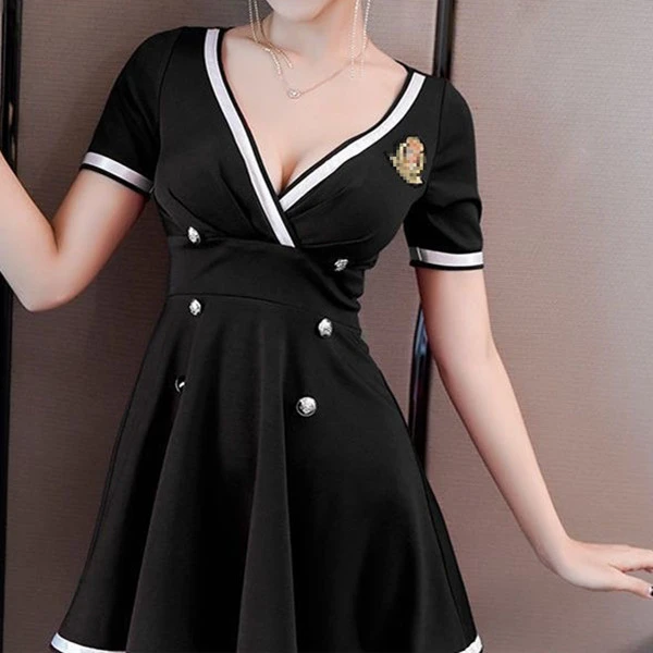 女装连衣裙修身收腰显瘦短款性感深v低胸气质短款时尚小个子A字裙