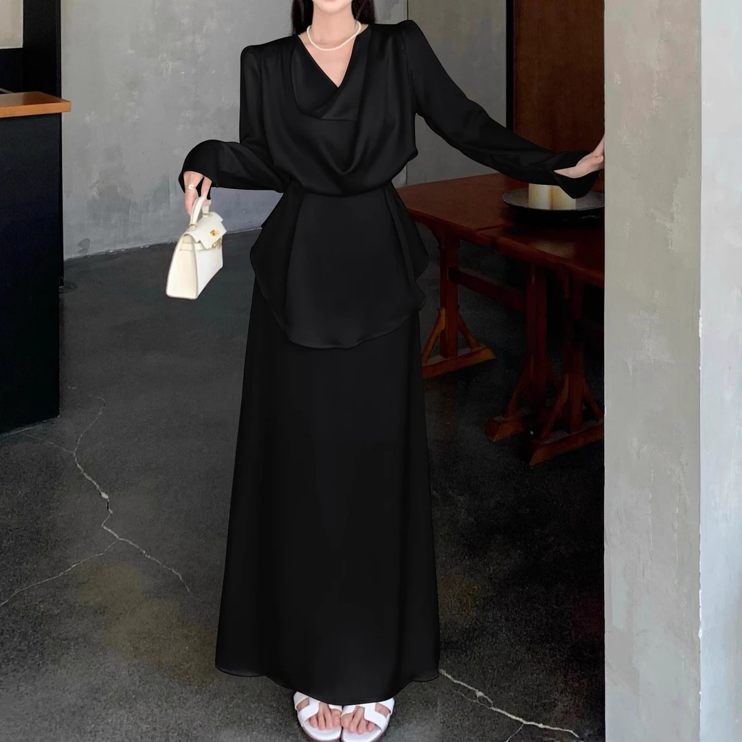 春秋季法式气质高级感荡领长袖女高腰垂感半身裙时尚缎面两件套女