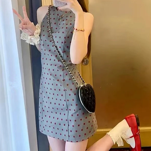 有拉链夏季法式复古波点修身收腰显瘦性感短款无袖A字女装连衣裙