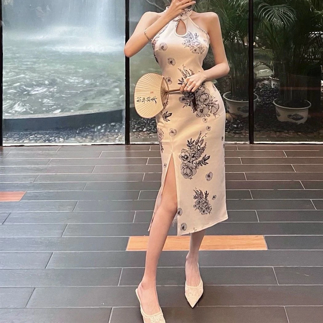 后拉链挂脖改良中国风旗袍性感镂空开叉修身收腰显瘦中长款连衣裙