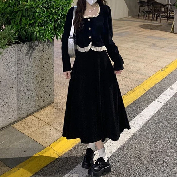 春秋季灯芯修身木耳边长袖上衣外套显瘦中长款高腰半身裙两件套女