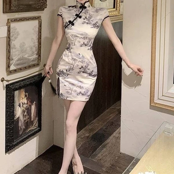 改良中国风旗袍性感短款连衣裙修身收腰显瘦复古山水画印花小个子