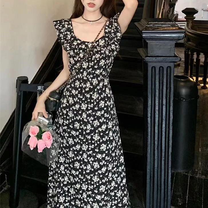 碎花气质无袖连衣裙子收腰显瘦时尚中长裙潮夏季新款茶歇法式赫本