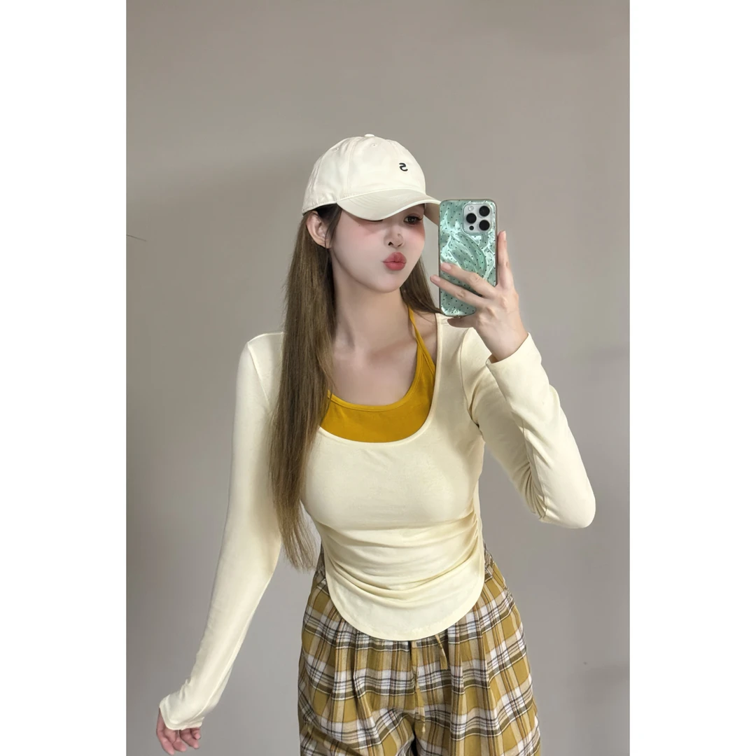 青青-白七七微胖定制【奶黄T】设计感小众撞色假两件上衣 L1135