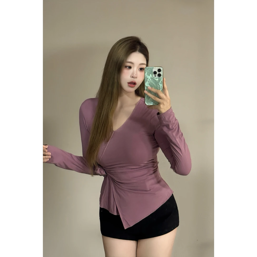 青青-白七七微胖定制【舒适主义】秋季气质交叉v领长袖上衣 L1080