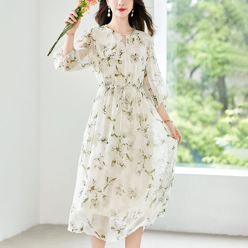 水墨佳人桑蚕丝夏季碎花气质收腰连显瘦衣裙82497558