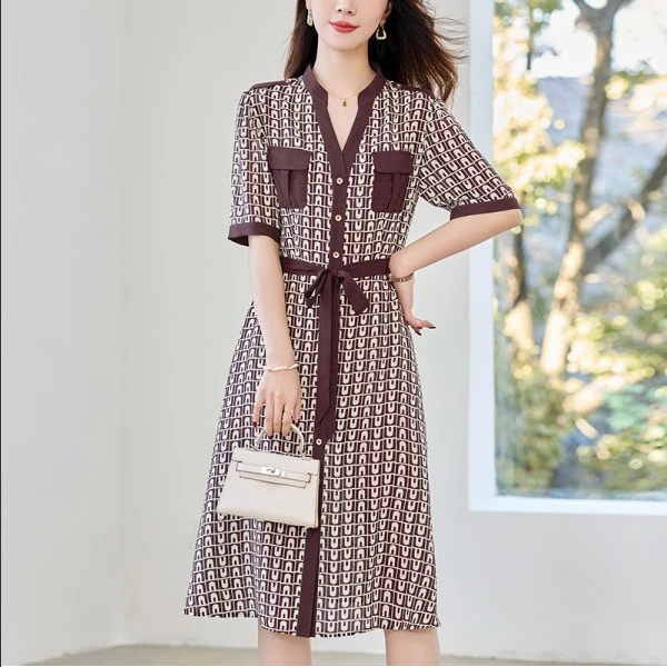 【宽心】桑蚕丝连衣裙82496760时尚夏季复古法式收腰中长款