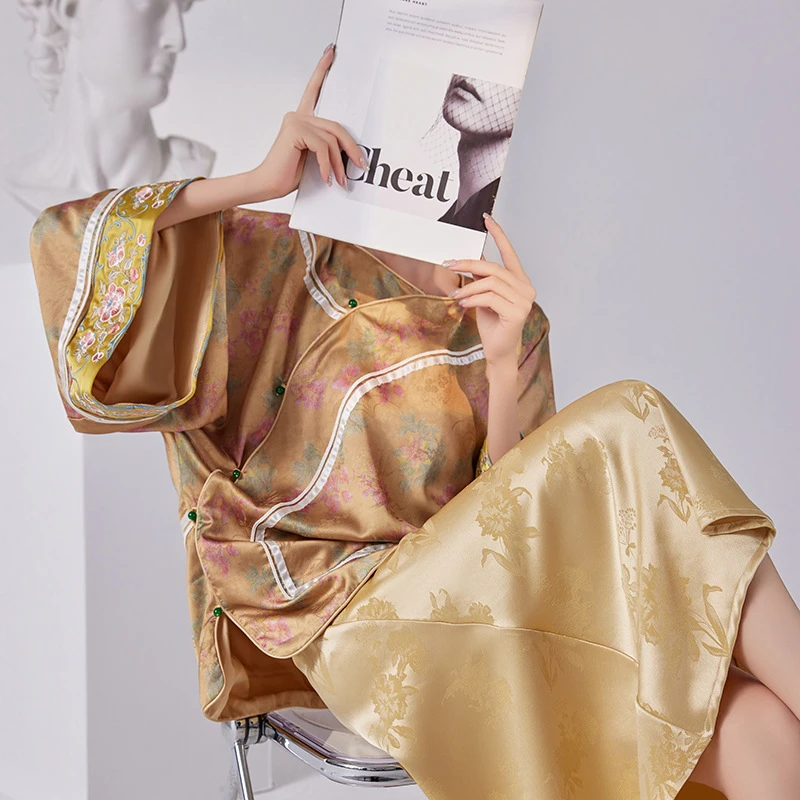 100% 人丝 金玉满堂国风新中式花朵印花轻奢气质宽松外套女 M309