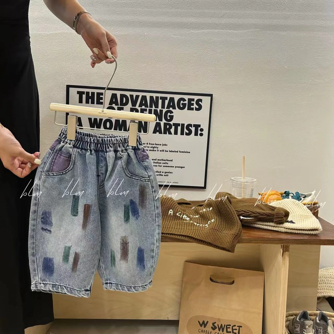 秋款韩版手工印刷款儿童时尚牛仔裤 A015