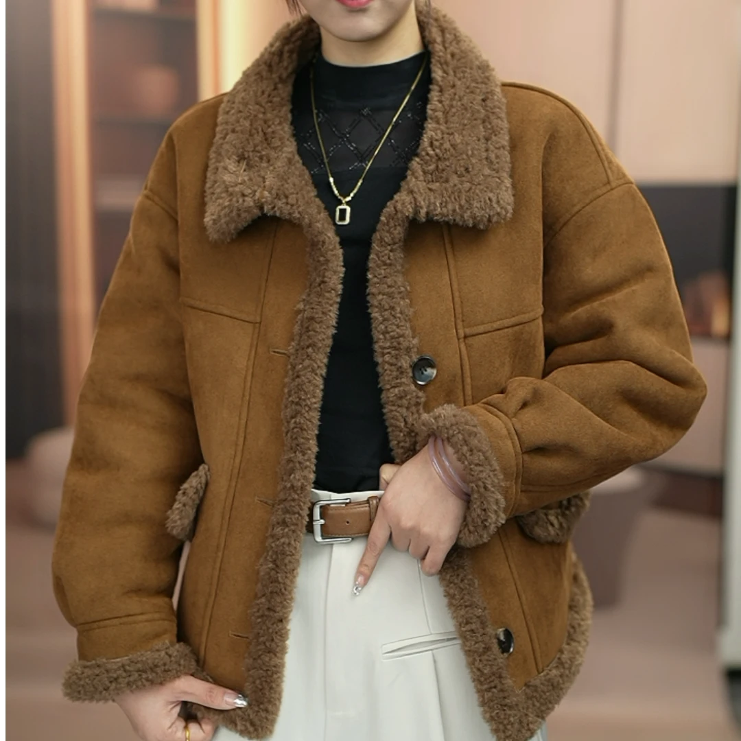 海宁正品2024年冬季女士新款加厚皮毛一体羊羔毛双面双穿百搭外套