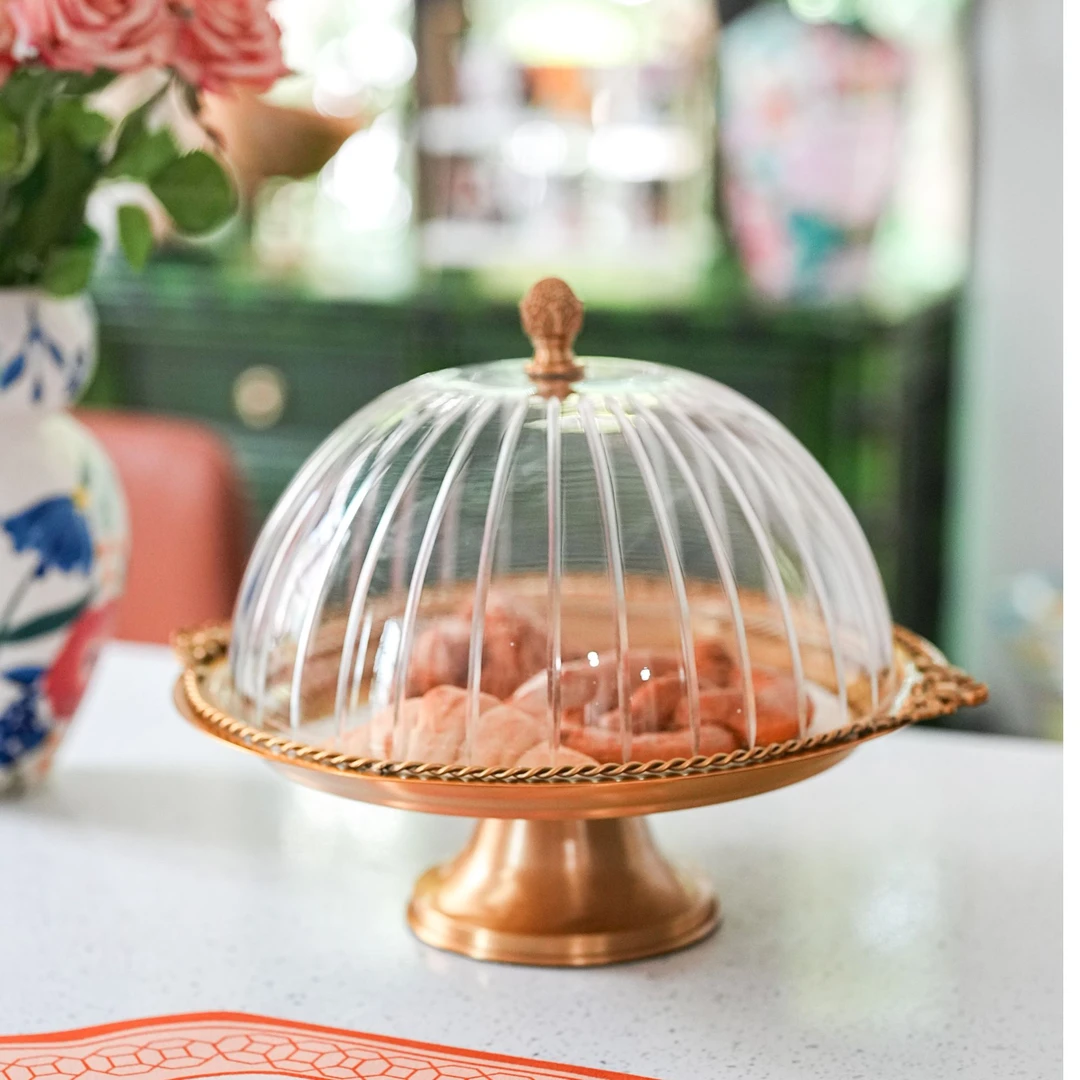 【奇居铜瓷】黄铜玻璃高脚雕花面包盘家用带盖糕点盘36.5*17cm#GY