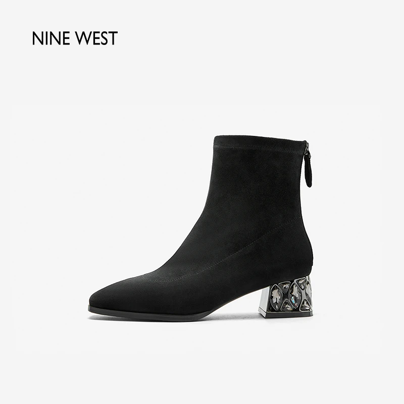 Nine West/玖熙23年秋冬新款方头短靴绒面镭射异形跟NG307056SK