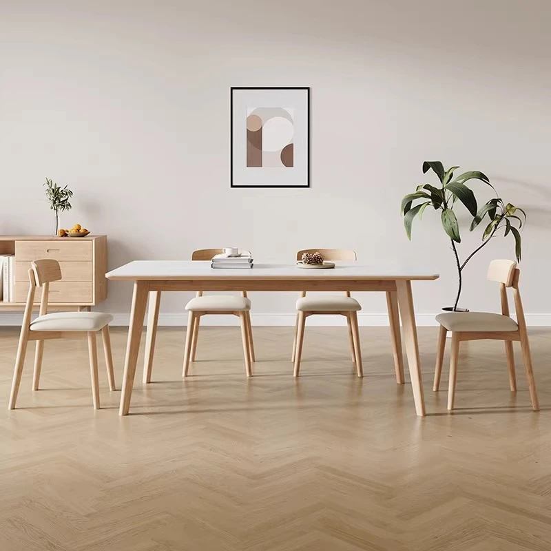奶油风原木色纯白岩板餐桌北欧风家用小户型橡木长方形餐桌椅组合