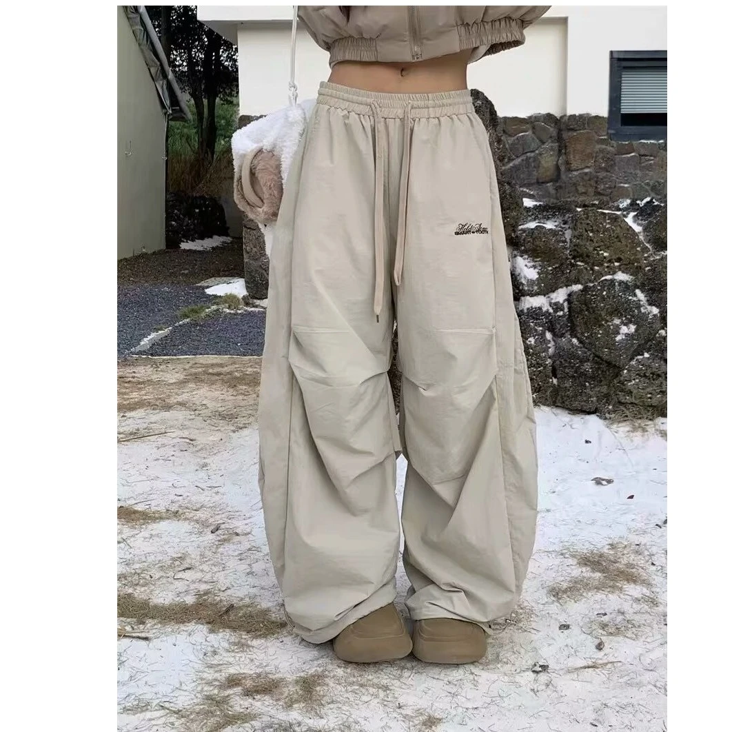 加绒保暖美式高街褶邹弯刀裤男女2024秋冬松紧腰宽松阔腿加绒长裤