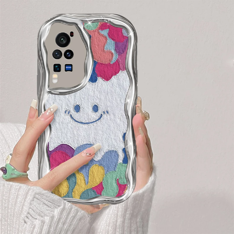 适用于vivo X60Pro多彩笑脸手机壳全包硅胶防摔奶油电镀软壳女款