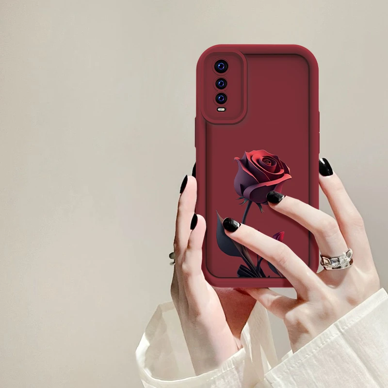 适用于vivo Y70S暗红玫瑰手机壳全包硅胶防摔个性软壳小众女款