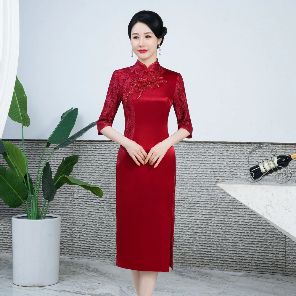 高档喜婆婆婚宴礼服洋气年轻妈妈敬酒服醋酸缎拼接蕾丝旗袍连衣裙