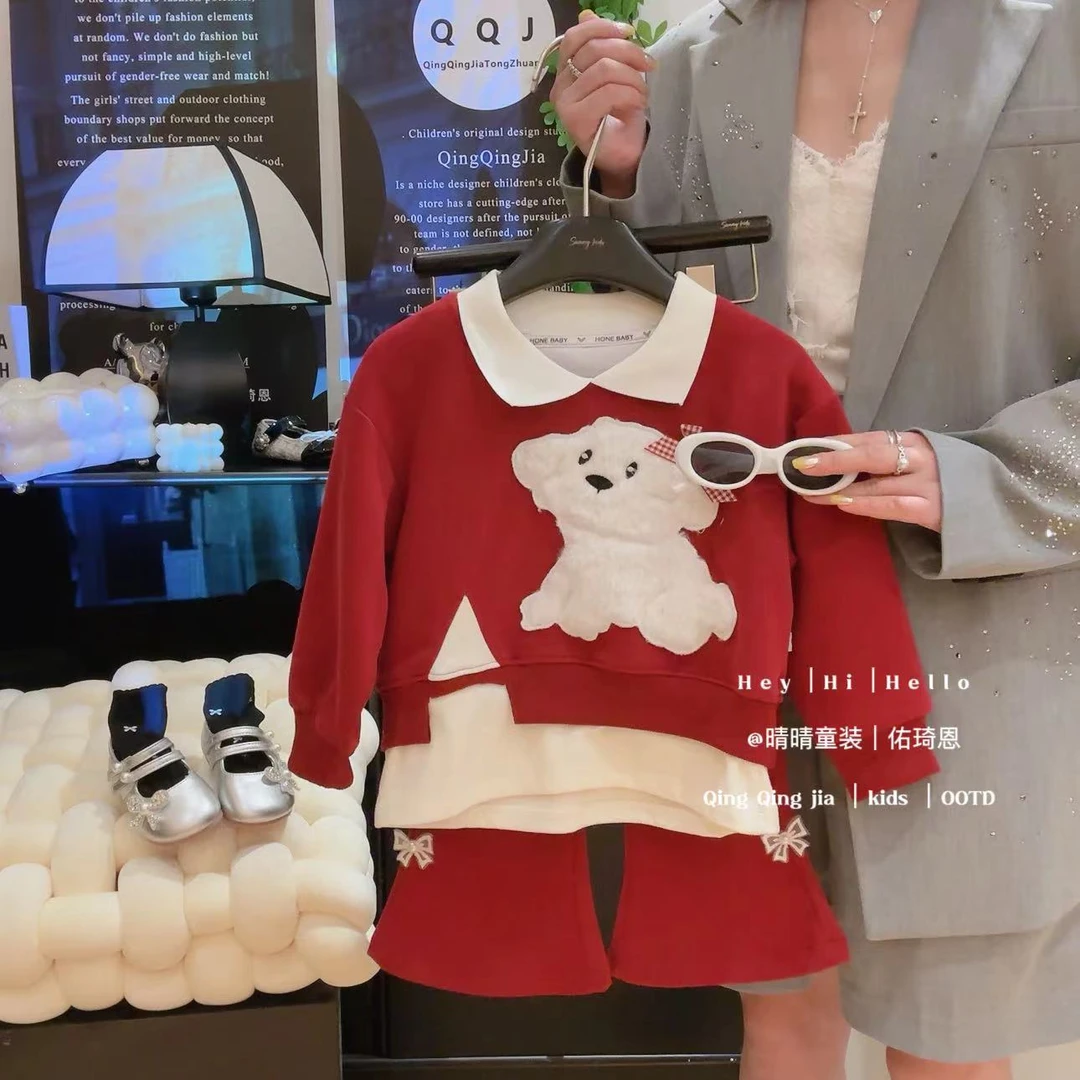 【晴晴】安可拉红女童秋冬新款套装洋气喇叭裤时尚外套亲子装假两件