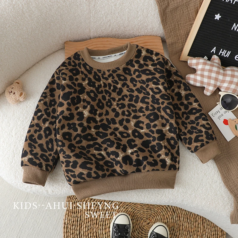 儿童卫衣韩版女童加绒加厚洋气休闲打底衣宝宝秋冬季豹纹套头上衣