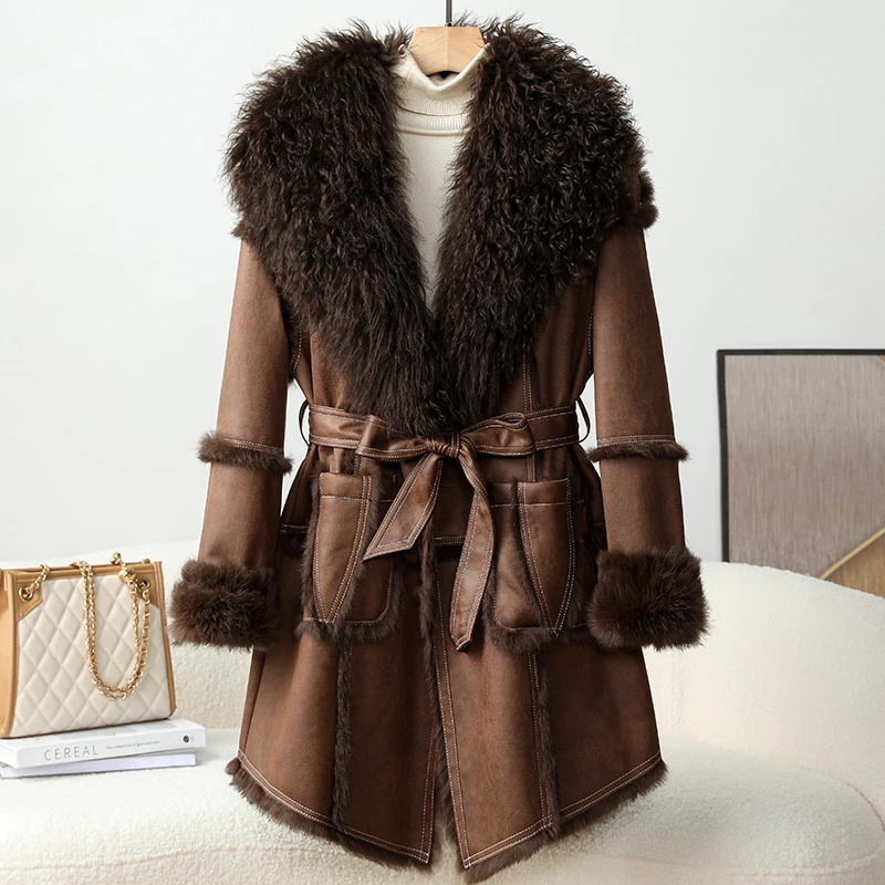 海宁真皮羊皮毛一体毛毛毛领修身中长款皮草外套兔毛一体海宁皮草